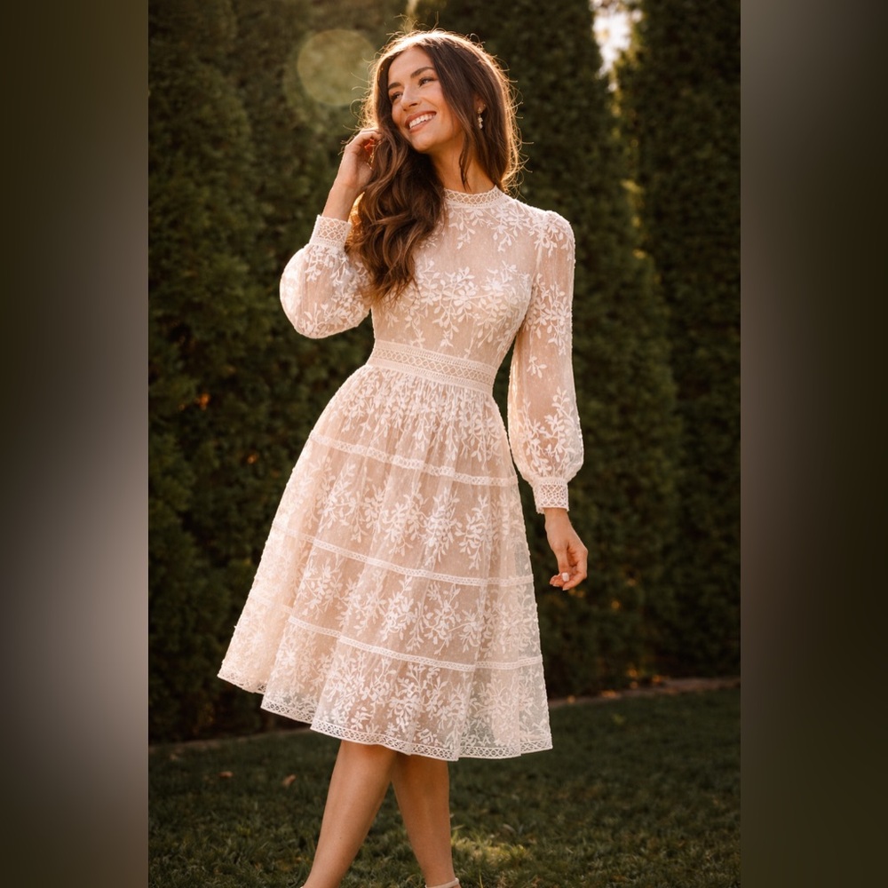 Elegant Long-Sleeve Lace Knee Length Dress in Blush
